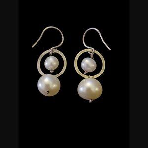 Leach & Garner 925 Sterling Silver Wire Hook Pearl Geometric Earrings 1.43" Long